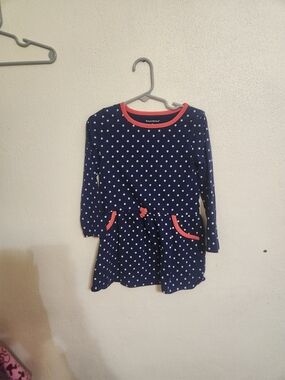 healthtex Navy Polka Dot Long-Sleeve Dress with Coral Trim